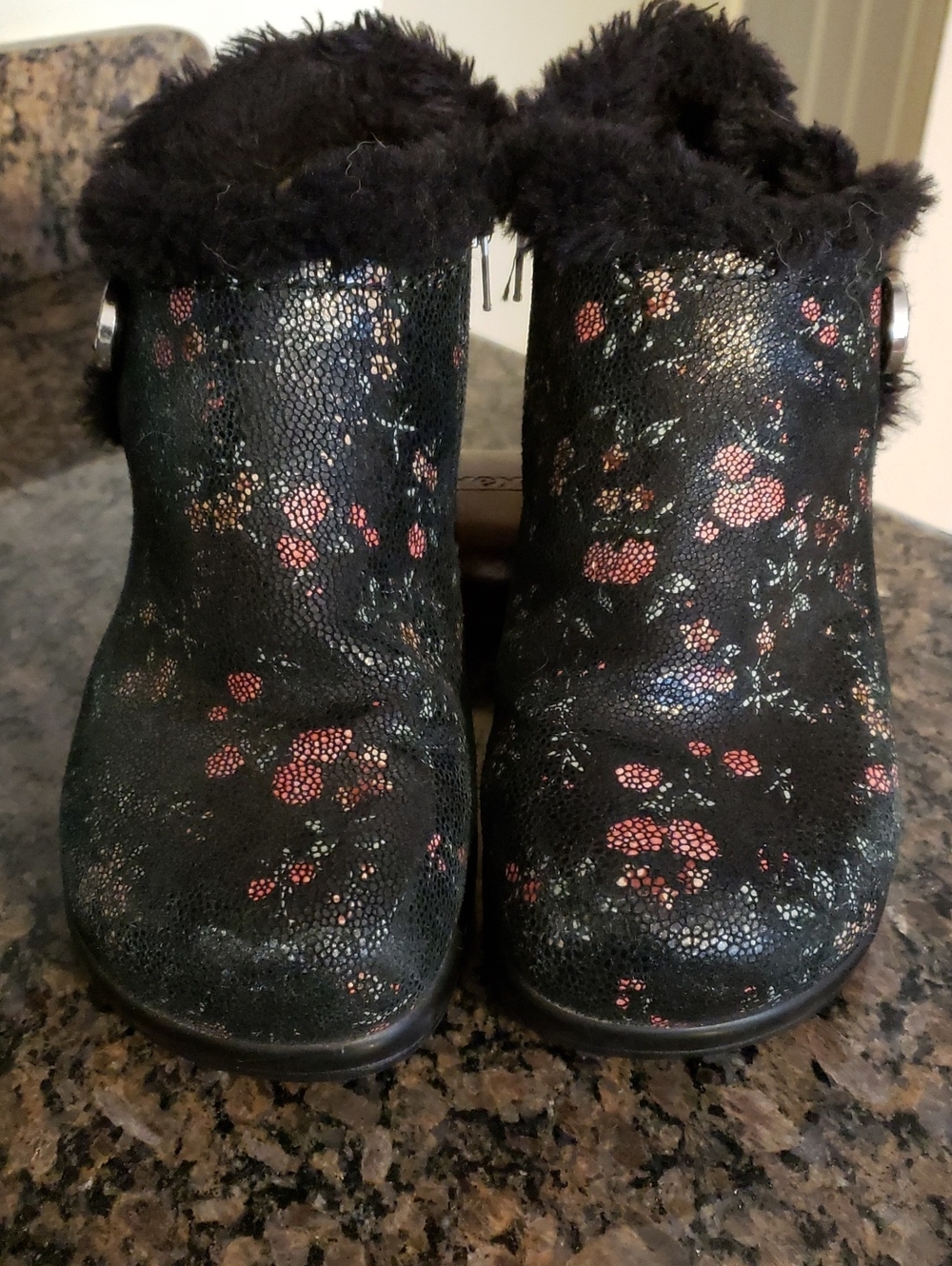Alegria Black Floral Faux-Fur Ankle Booties